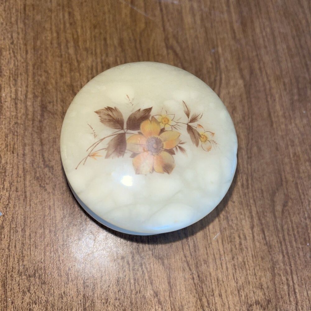 Vintage Round Cream Neutral Alabaster Floral Vanity Trinket Box With Hinged Lid